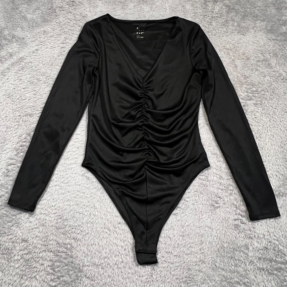 A New Day Womens S Black Bodysuit Ruched V-Neck Long Sleeve Office Siren Chic